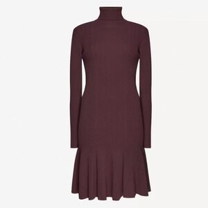 Reiss Mimi Ribbed Berry Knit Turtleneck Dress Small‎ Fluted Hem Chic Minimalist